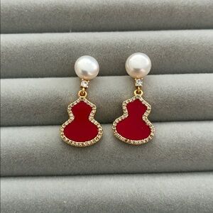Red Lucky Gourd Pearl Earrings | Sterling Silver Posts | Christmas Gift for Her